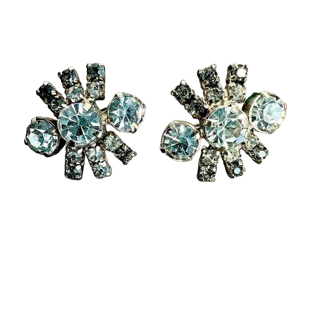 Vintage Rhinestone Studded Dazzling Cluster Burst Ornate Screw Back Earrings
